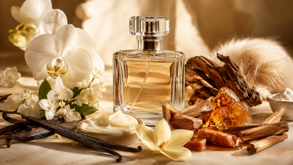 Vanilla perfume scent notes featuring vanilla beans, orchid, amber, sandalwood, and floral accords