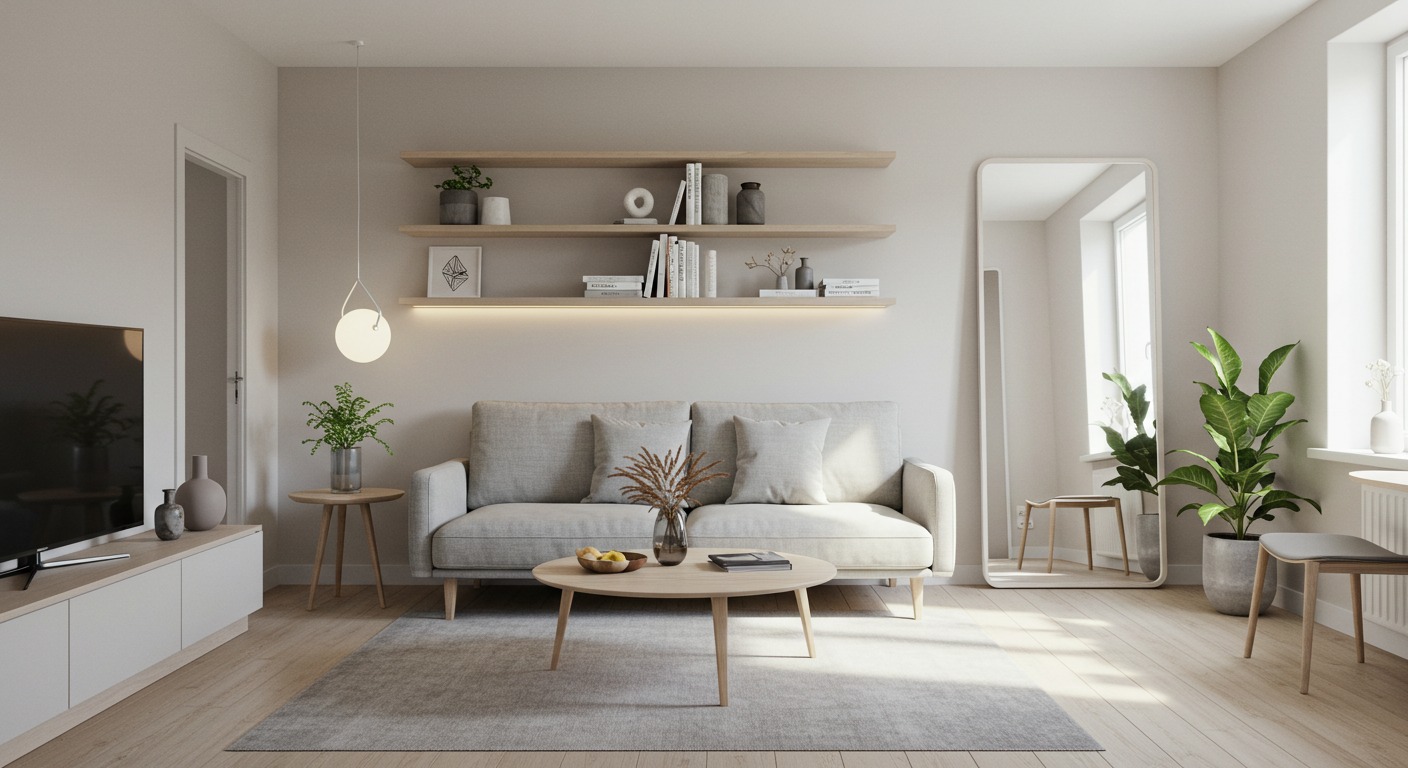 Modern small living room decorating ideas featuring light colors and smart furniture placement.