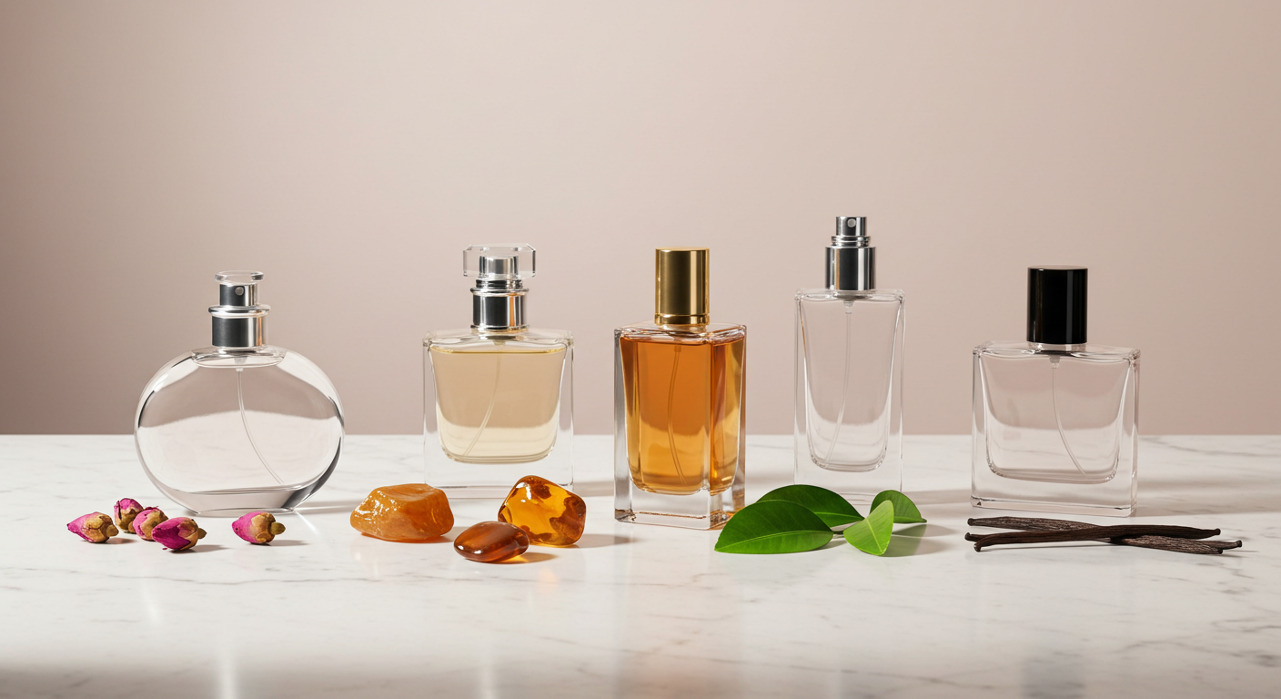 Curated collection of elegant glass perfume bottles, representing the best perfumes for women.