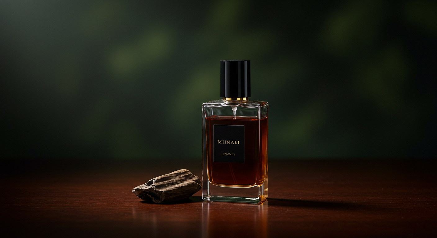 Agarwood perfume bottle with a raw oud wood piece on a dark, polished surface.