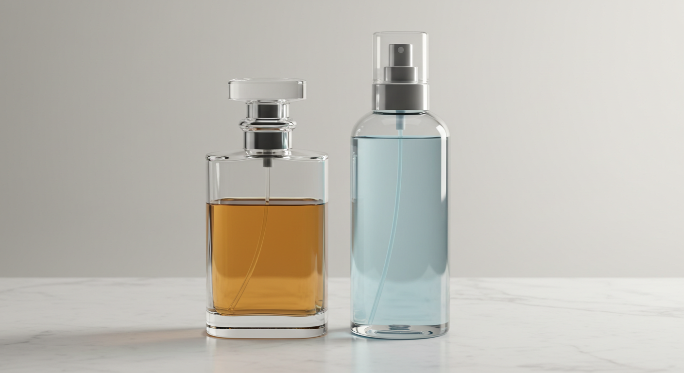 Elegant perfume bottle next to a body mist bottle, illustrating body mist vs perfume differences
