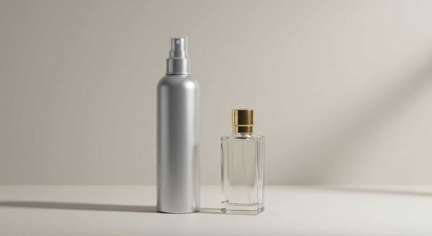 Body spray vs perfume bottles on a minimalist background