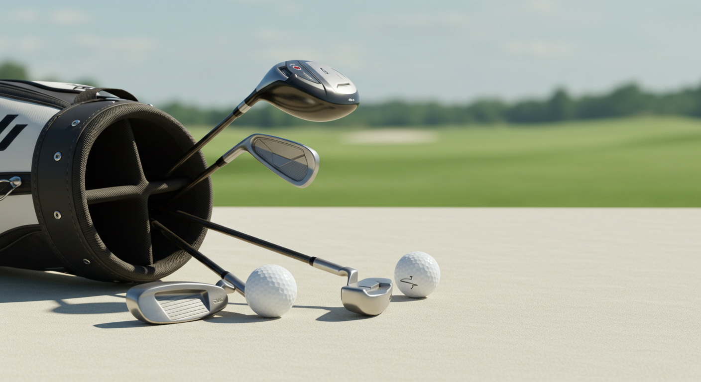 Best golf clubs for beginners, including a driver, iron, and putter, laid out on a practice surface.