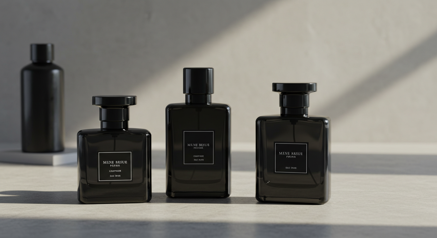 Three minimalist, dark fragrance bottles, possibly Drake cologne, artfully arranged on a light concrete surface.