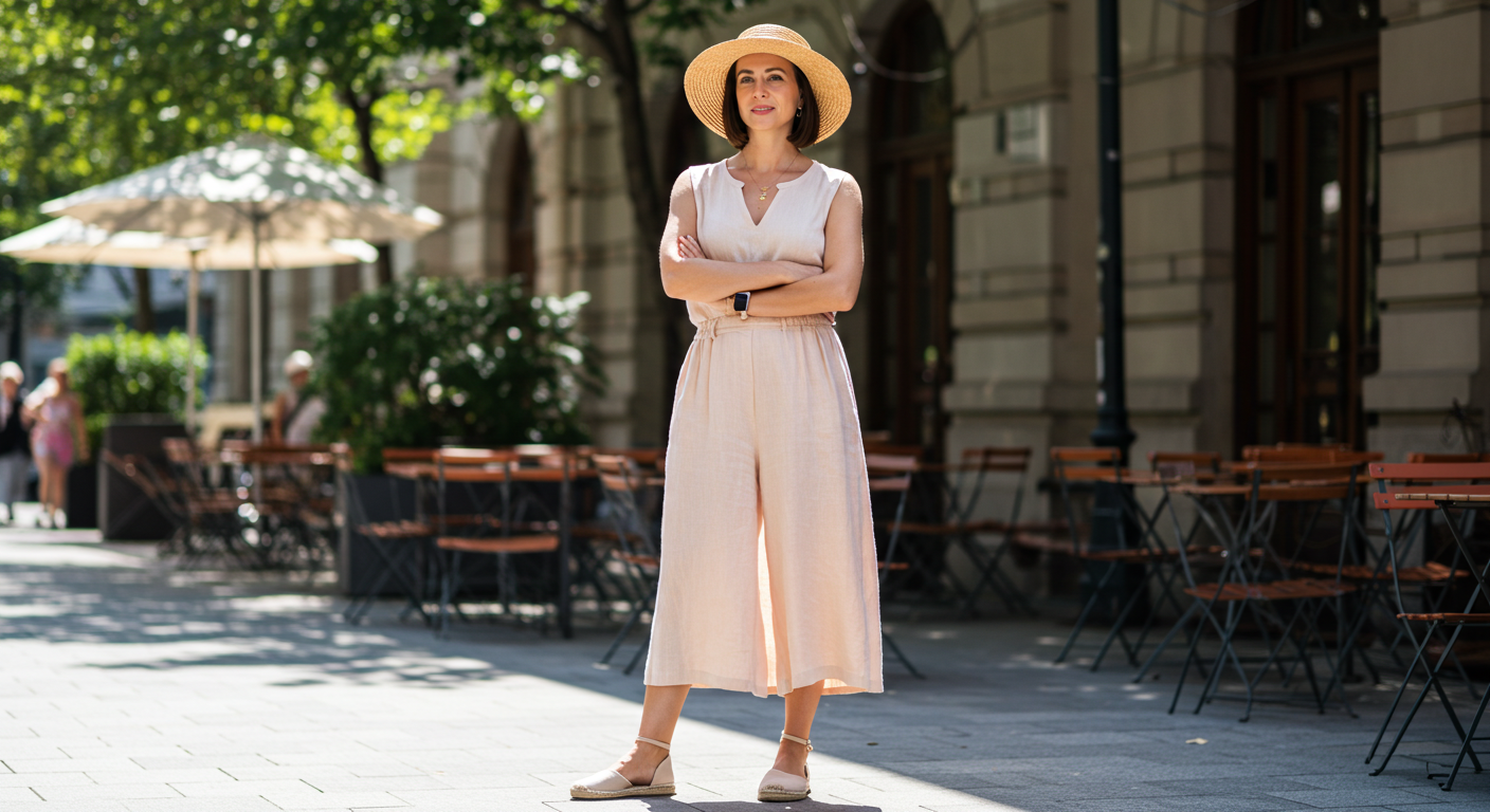 Stylish woman in a flowing pastel linen midi dress, straw hat, and espadrilles, showcasing elegant summer outfit ideas for women.