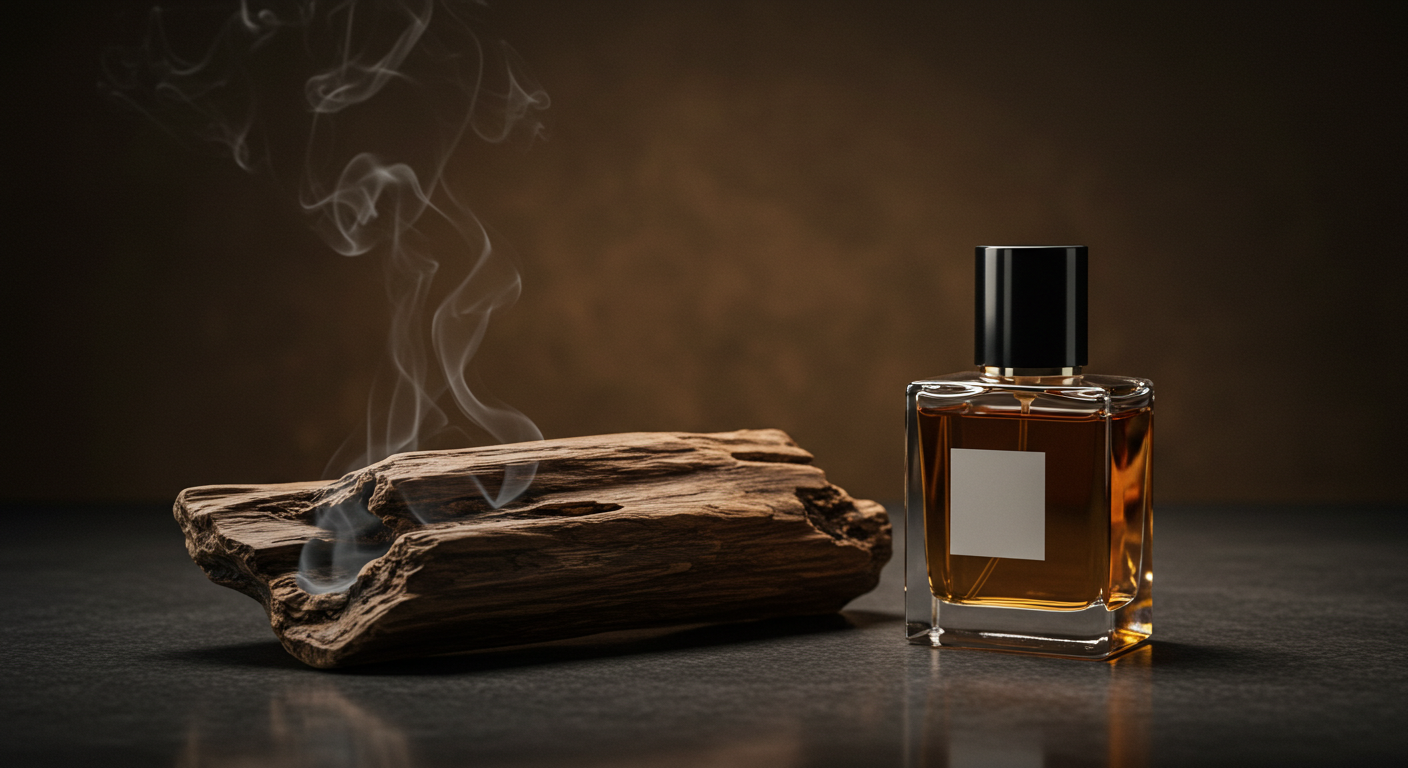 Resinous agarwood and a perfume bottle showcasing oud fragrance notes