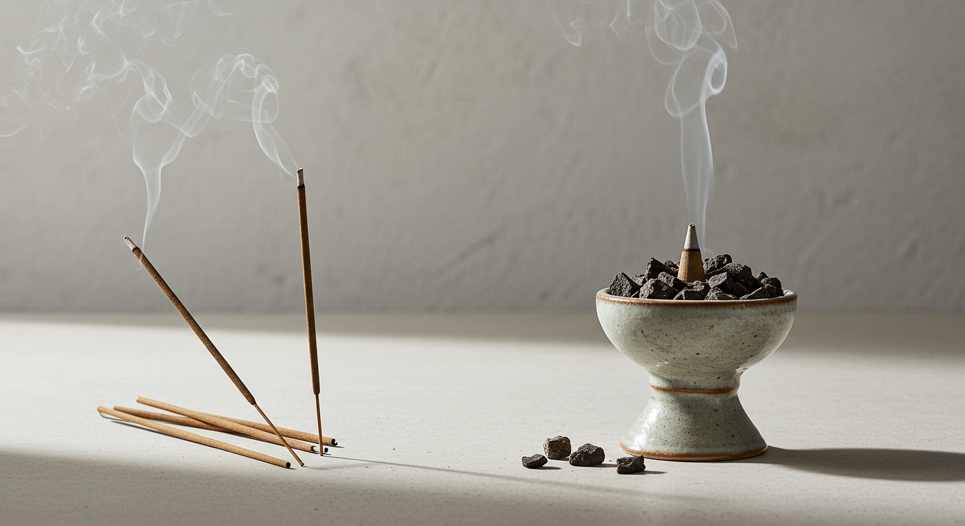 Visual comparison of burning incense sticks and bakhoor in a mabkhara, illustrating Incense vs Bakhoor.