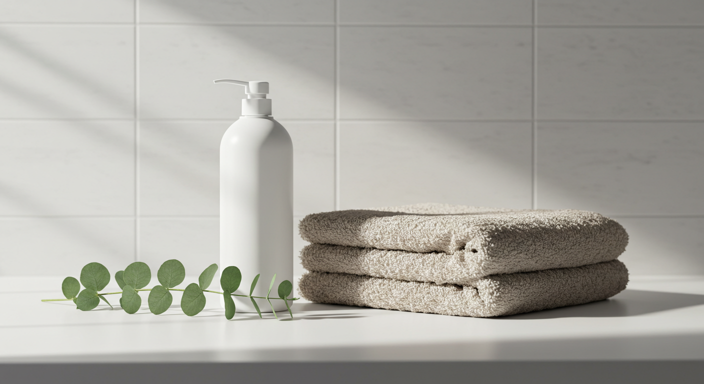 Minimalist bathroom counter with personal care products and eucalyptus, illustrating how to smell good all day.