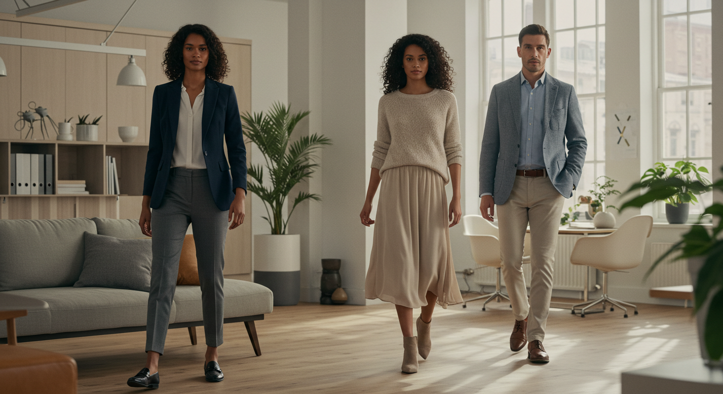 Diverse professionals in a modern office showcasing stylish business casual outfit ideas.