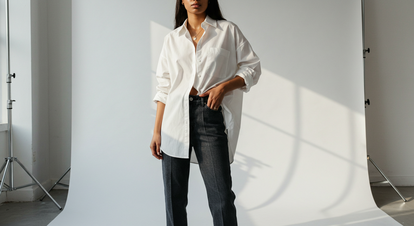 Stylish model demonstrating how to style oversized shirts with high-waisted trousers
