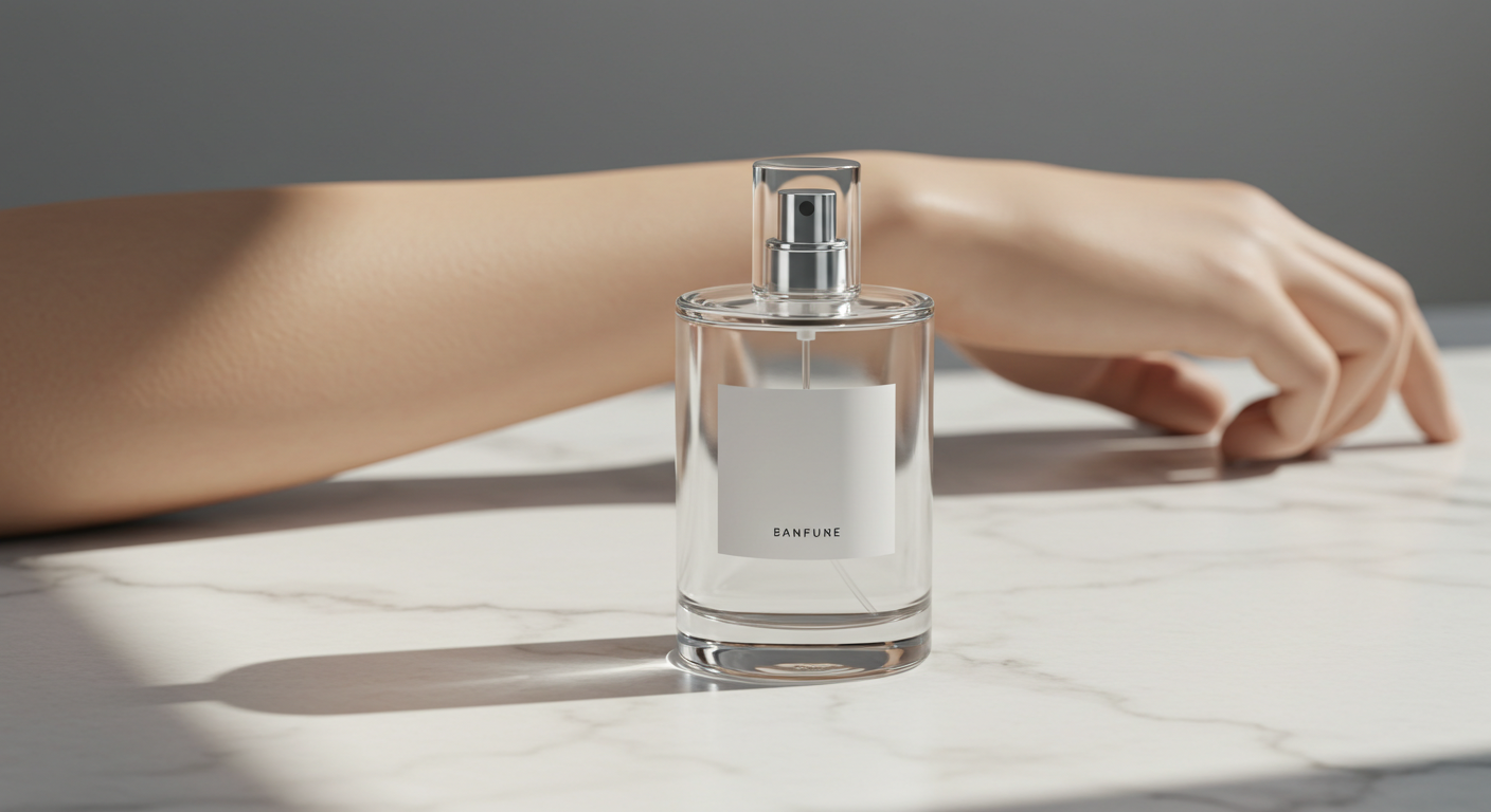 Elegant clear glass perfume bottle on a marble surface, illustrating how to make perfume last longer.