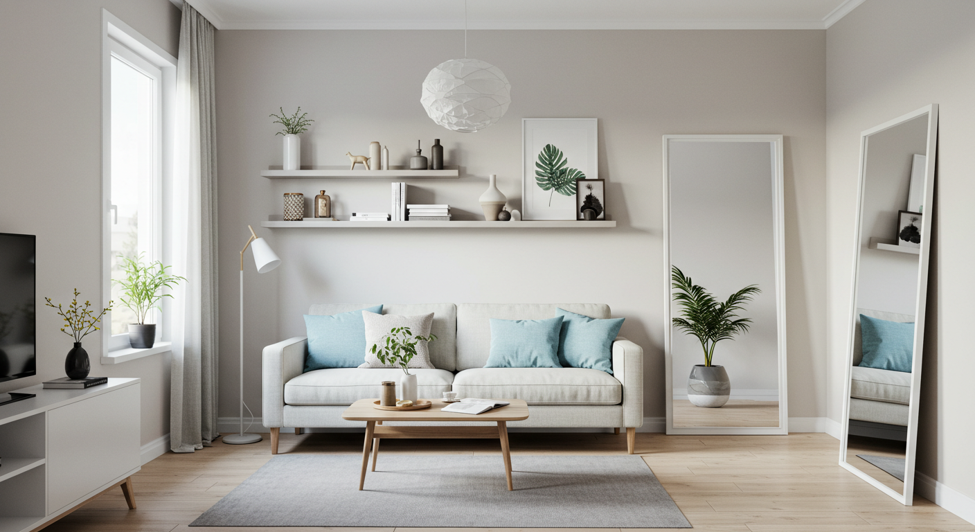 Modern small living room decorating ideas featuring a light sofa, floating shelves, and a large mirror