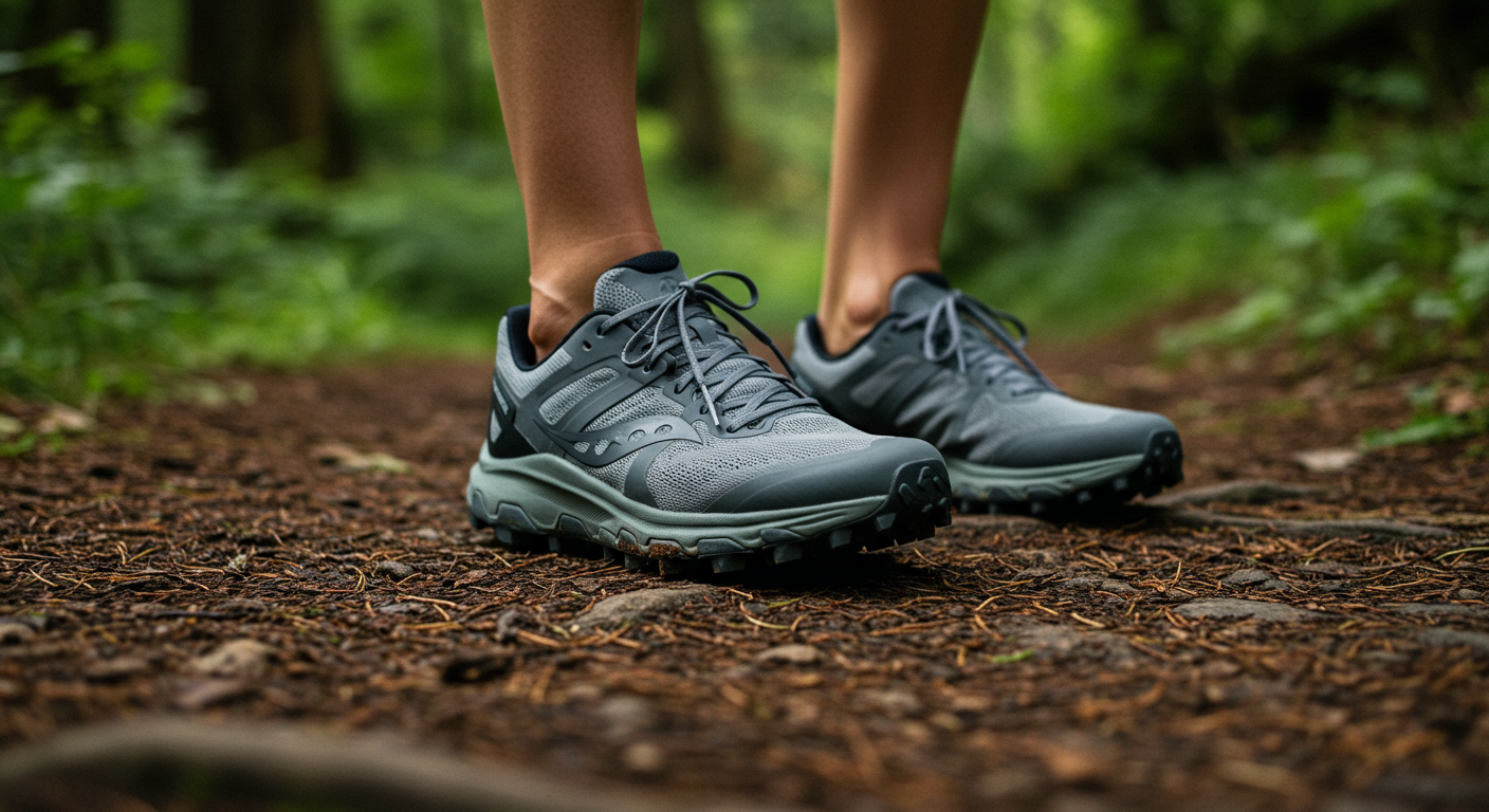 Modern trail running shoes gripping a rugged forest path