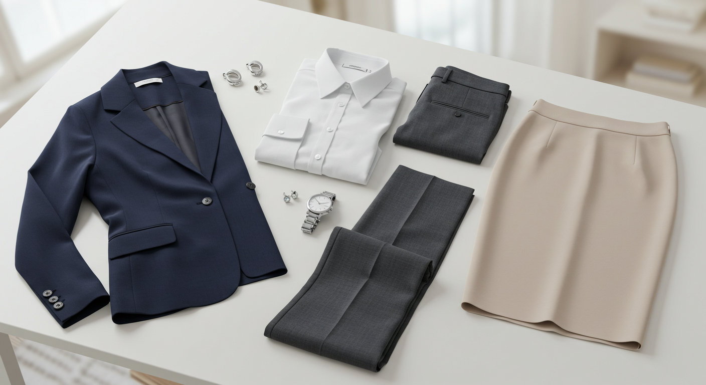 Flat lay of professional office wear essentials for styling tips, including a navy blazer, white shirt, and gray trousers.