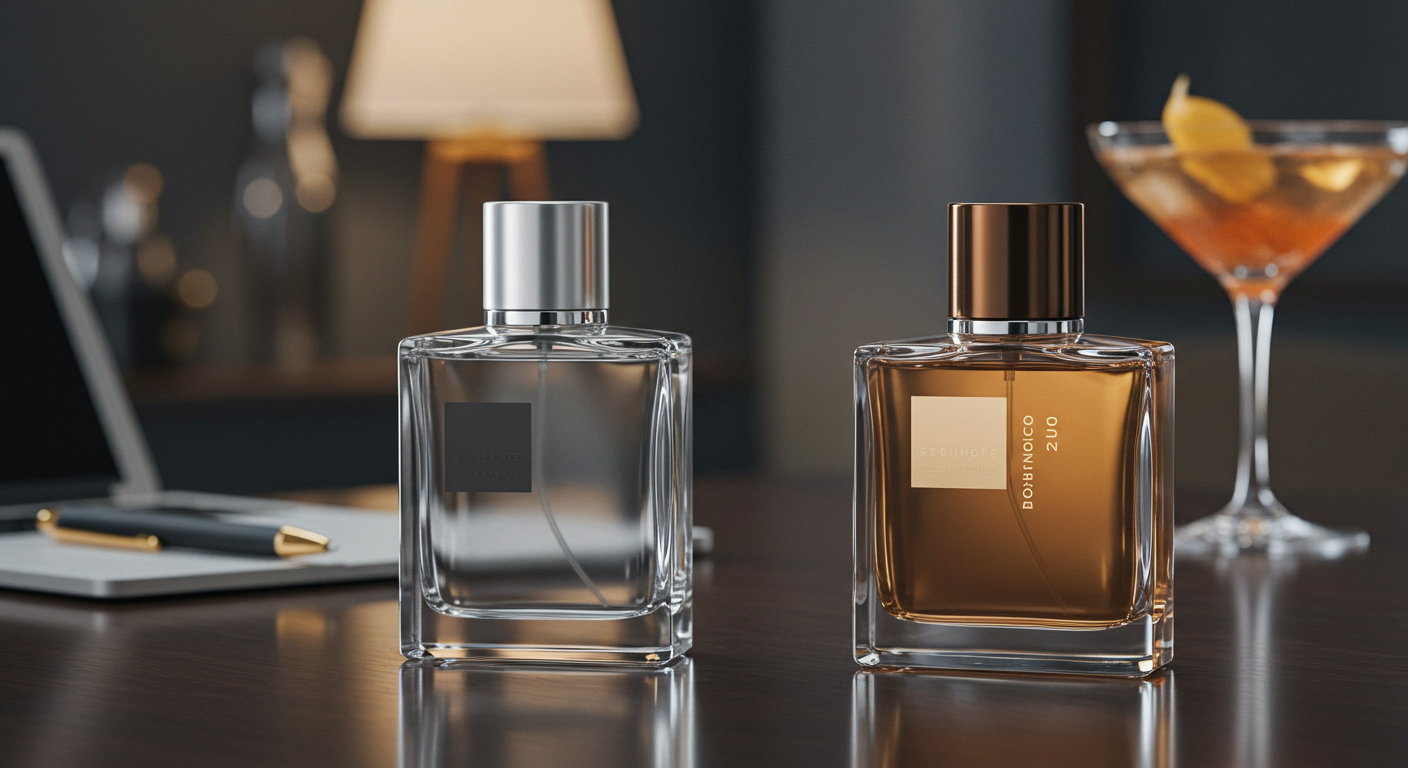 Elegant fragrance bottles for office and date night, reflecting professional and evening scents.