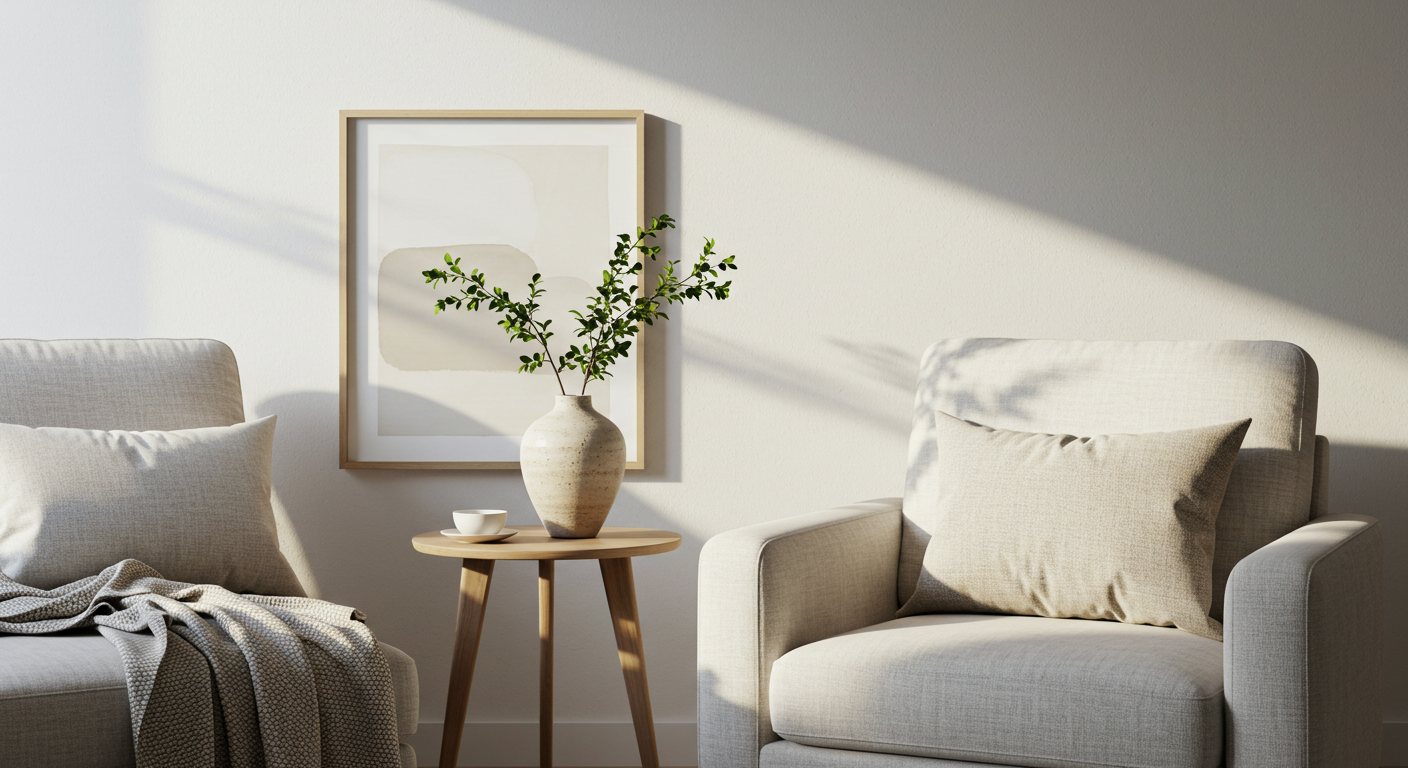 Modern living space decor featuring a light armchair, plant, and abstract art.