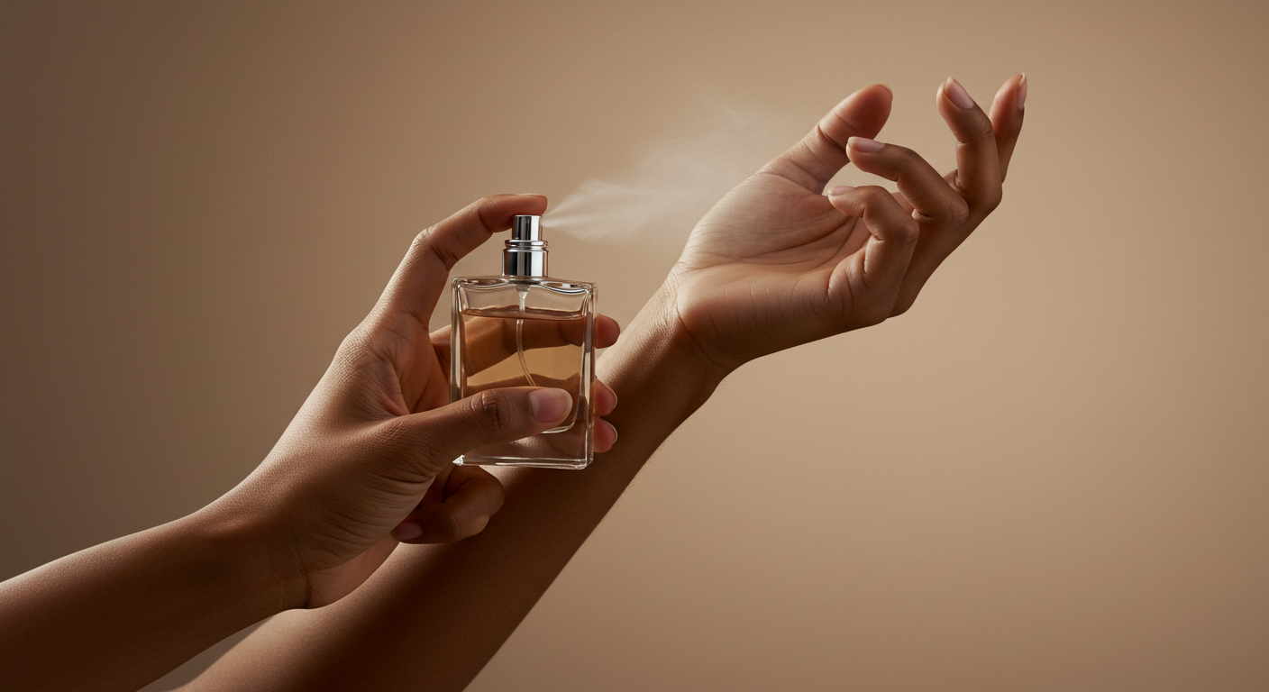 Elegant hand applying perfume to a pulse point, demonstrating where to spray perfume for optimal scent diffusion.