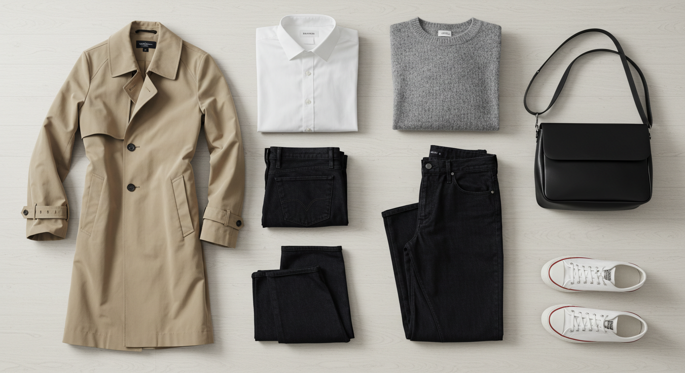 Flat lay of best capsule wardrobe essentials including a trench coat, white shirt, and jeans