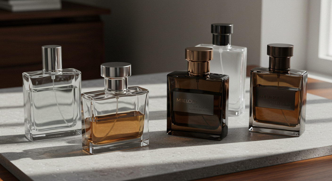 Collection of best perfumes for men bottles on a sophisticated surface