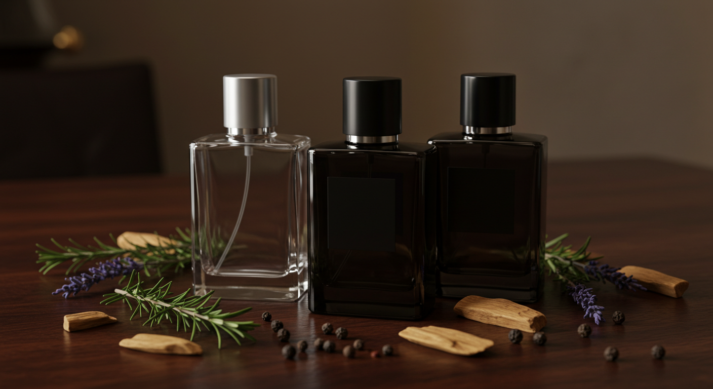 Elegant aromatic woody men's fragrances​ bottles with cedarwood and botanicals.
