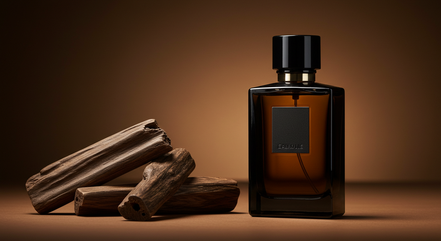 Luxurious oud perfume bottle with dark agarwood pieces