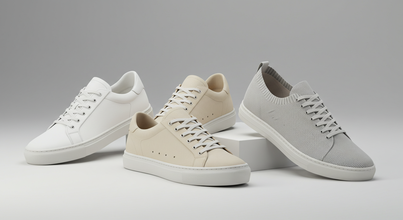 Modern casual sneakers in white leather, beige canvas, and grey knit