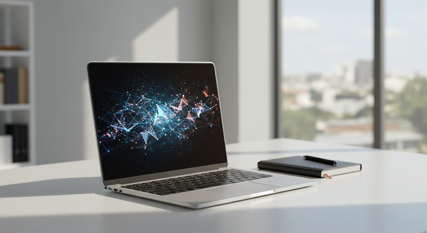 Sleek laptop displaying digital network next to a fashion accessory, symbolizing fashion SEO strategy.
