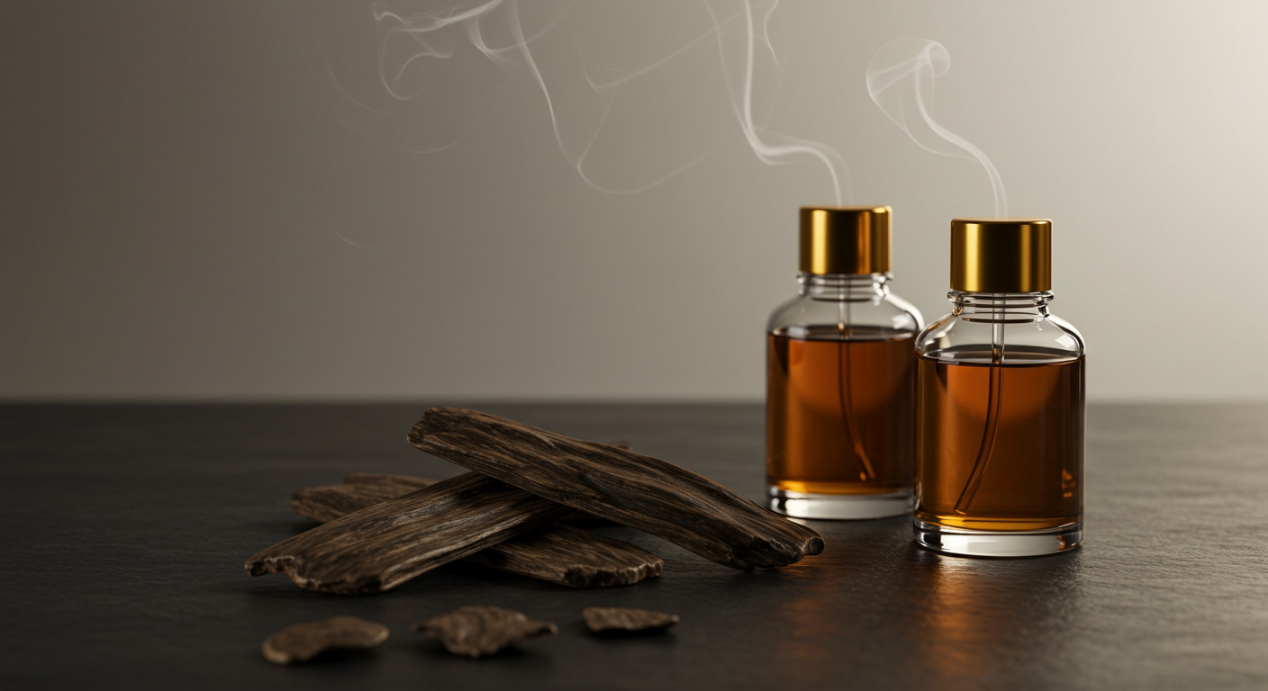 Agarwood chips and oud oil bottles, representing the oud scent profile