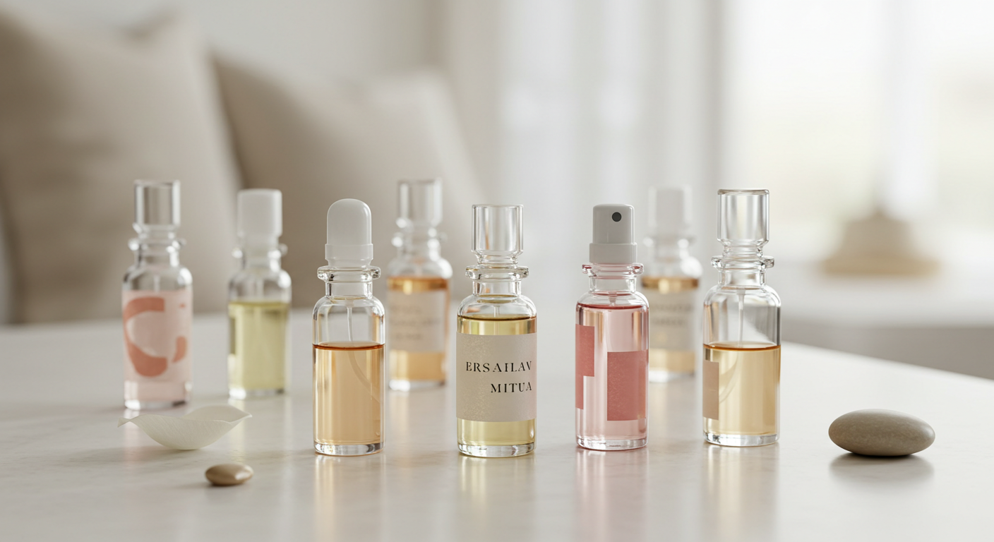 Elegant perfume sample freebies and miniature bottles on a white surface